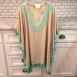 Sincerely Mary Coverup Swim Womens S/M Tan Aqua Embroidery Boho Beach Resortwear